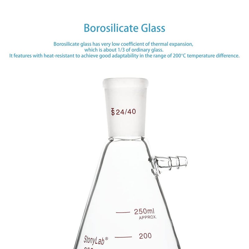 stonylab Filtering Flask with 24/40 Standard Taper Outer Joint, Heavy Wall Borosilicate Glass Filter Flask, Bolt Neck with Tubulation, 250 ml - Image 3